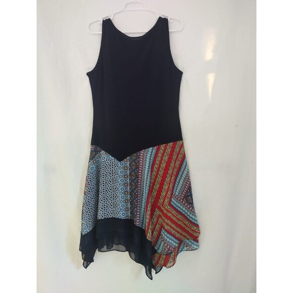 MSK Women's Medium Sleeveless Black & Multicolor Handkerchief Hem Dress. - Picture 5 of 6